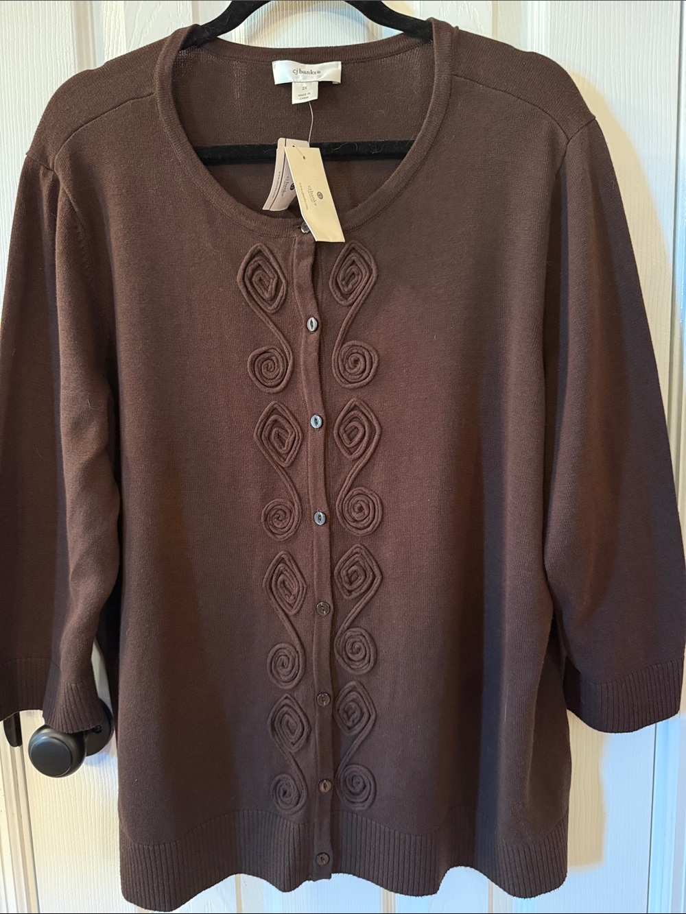 cj banks Dark Brown Button-Front Cardigan with Rosette Trim